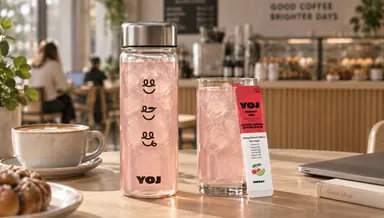 Flaska och glas på ett kafébord